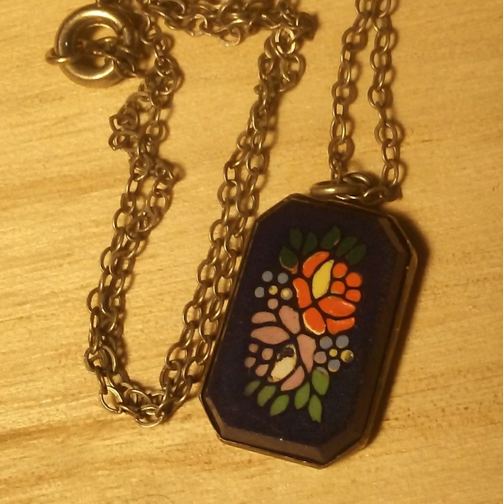 Antique Deco Pietra Dura Sterling Necklace